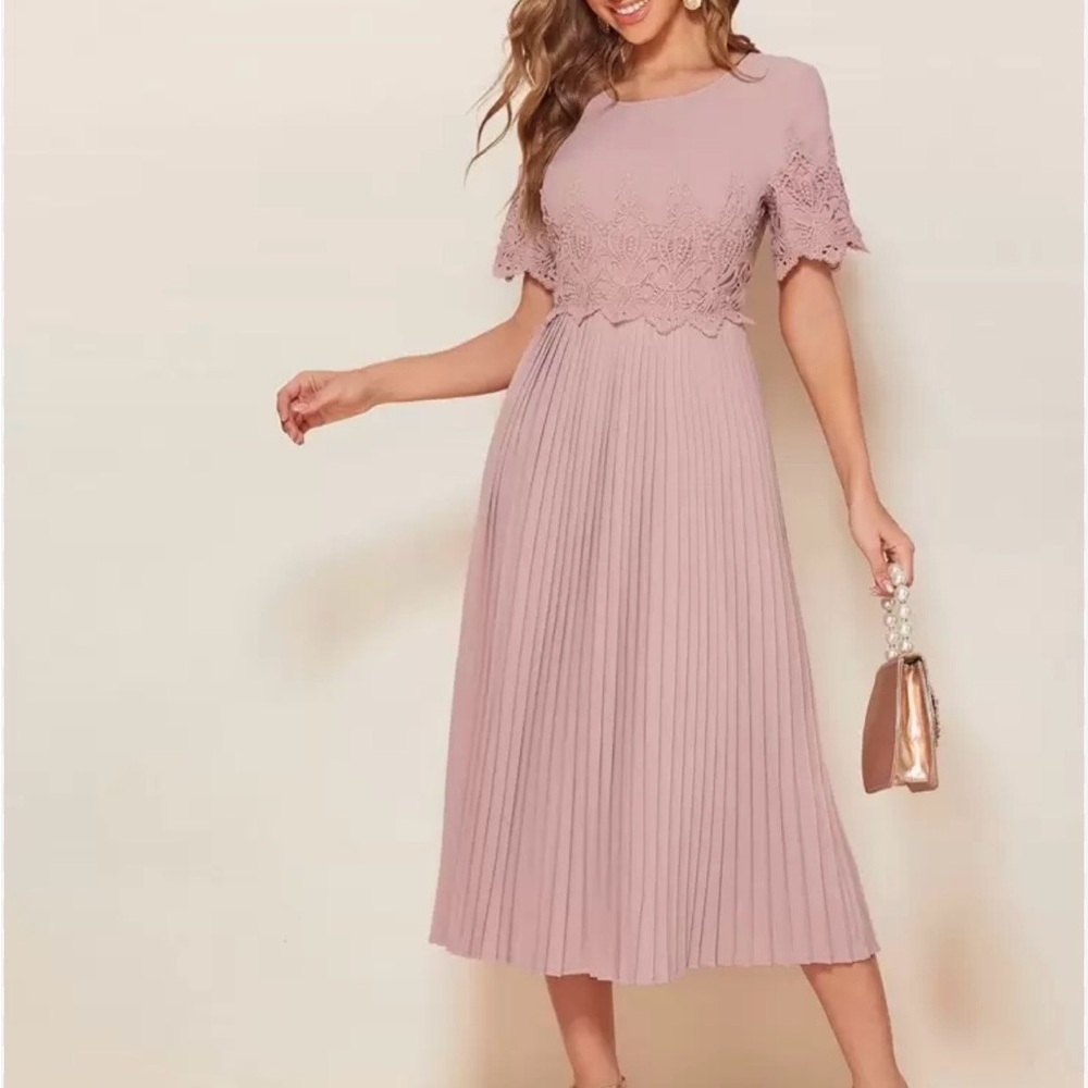 SHEIN Guipure Lace Accordion Pleated Midi Dress in Dusty Pink